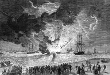 Explosion on board the barque Lottie Sleigh, laden with gunpowder, in the Mersey..., 1864. Creator: Unknown.