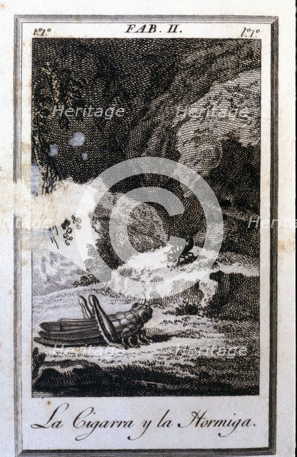 Illustration of the fable 'La cigarra y la hormiga' (The Cicada and the Ant) by Felix Maria de Sa…