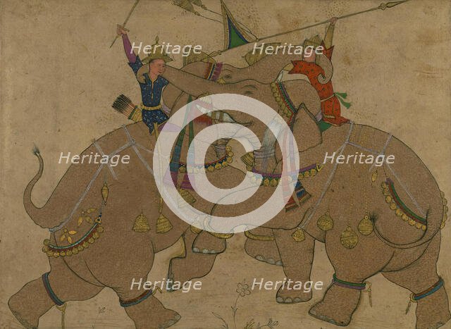 Single Leaf of Elephant Combat, 13th century AH/AD 19th century. Creator: Unknown.
