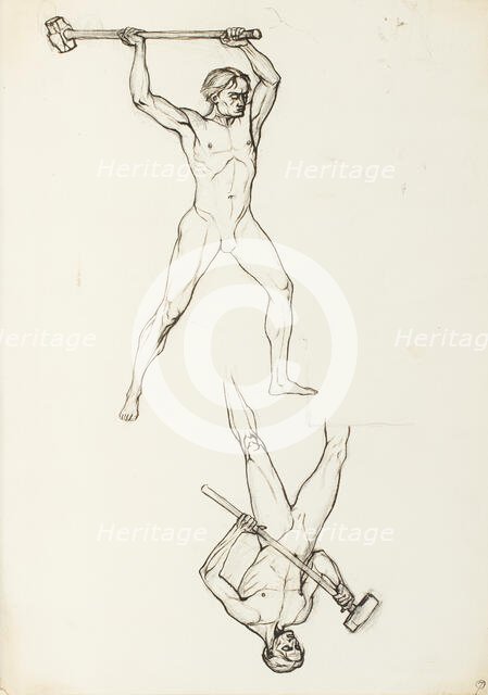 Two standing male figures carrying mallets, for the Albert Hall frieze, by 1871. Creator: Henry Hugh Armstead.