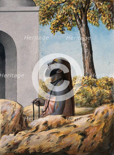 A Hindu ascetic or holy man, left profile view, meditating outside a temple (?), 1880. Creator: Unknown.