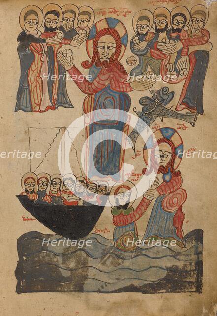 The Feeding of the Five Thousand: Jesus Walking on the Water; Gospel Book, 1386. Creator: Unknown.