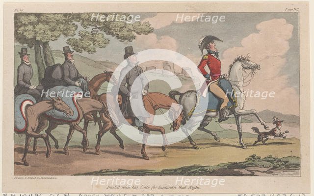 Dash'd with his suite for Santarem that night, from "The Military Adventures of Johnny New..., 1815. Creator: Thomas Rowlandson.