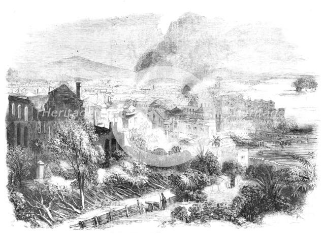 Canton and Part of the Suburbs, sketched during the Conflagration in the City, 1857. Creator: Unknown.