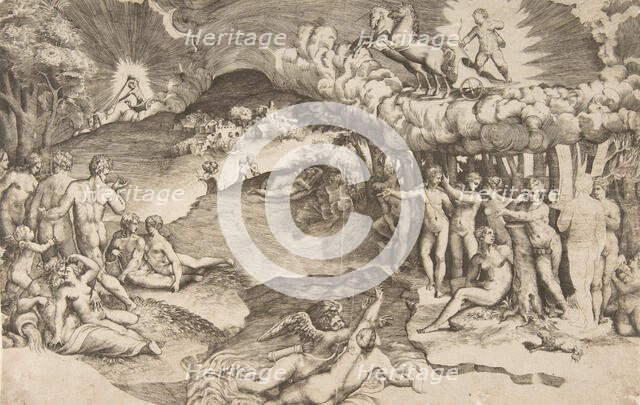 The triumph of love, cupid riding a chariot drawn by unicorn is in the upper right, naked ..., 1545. Creator: Giulio Bonasone.