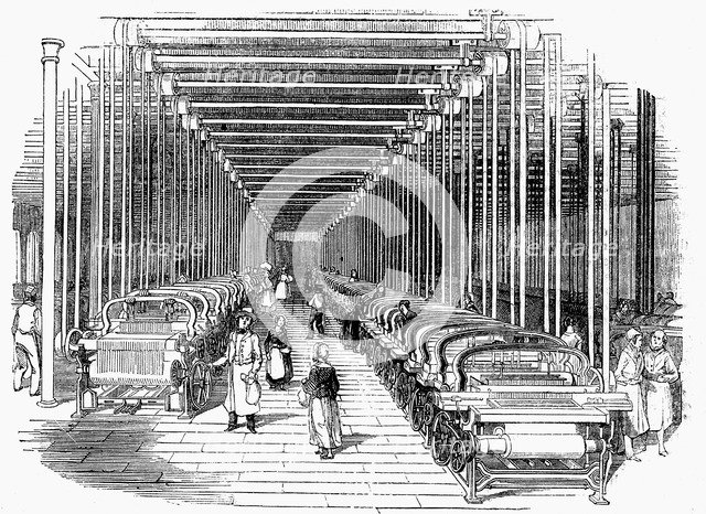 Weaving shed fitted with rows of power looms driven by belt and shafting, c1840. Artist: Unknown