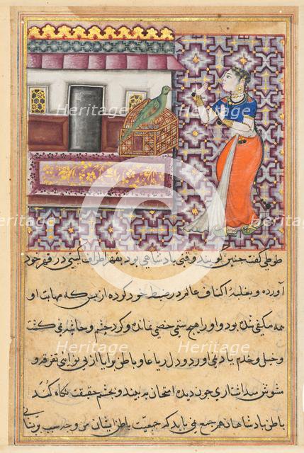 Page from Tales of a Parrot (Tuti-nama): Fiftieth night: The parrot addresses Khujasta..., c. 1560. Creator: Unknown.