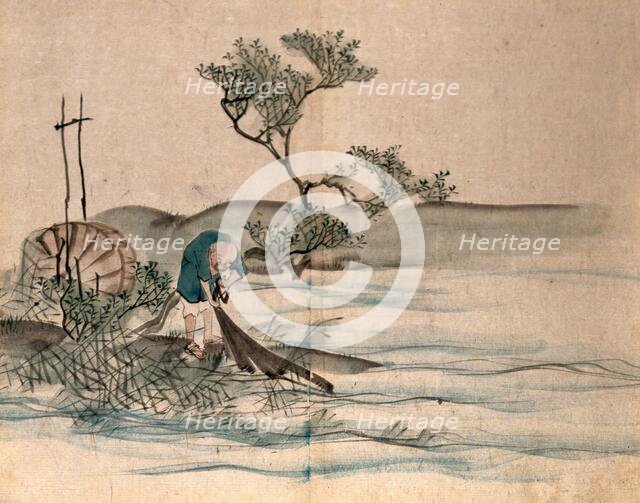 A Japanese fisherman on a lake shore pulling in his nets, 1860. Creator: Unknown.