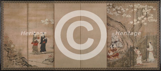 Merry-making under aronia blossoms. Right of a pair of six-section folding screens, 18th century. Artist: Naganobu, Kano Isenin (1775-1828)