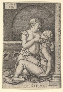 Cimon seated against a column at right, suckling from Pero who is kneeling next to him, 1544. Creator: Sebald Beham.
