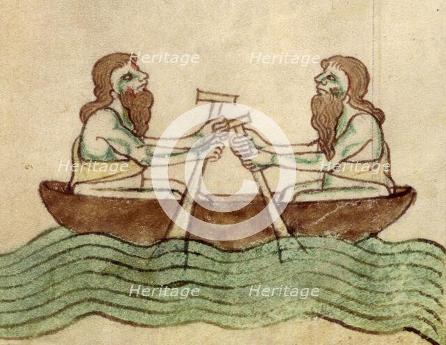 The men of Connaught in a coracle, after c1170. Creator: Unknown.