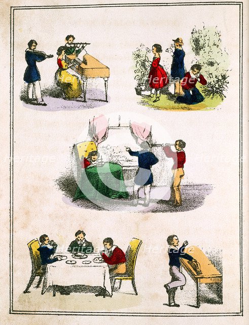 The Five Senses: smell, hearing, sight, touch and taste, c1850. Artist: Unknown