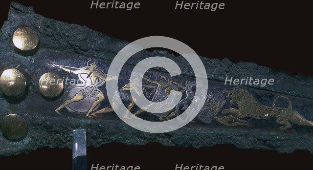 Detail of inlay on a Mycenaean bronze dagger showing a lion hunt, 16th century. Artist: Unknown