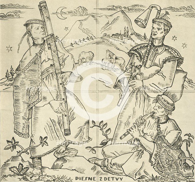 'Slovak fuyara, bagpipes and pipe. Sketch for sgraffito work on the bridge in Piešt'any, by State Pr Artist: Joza Uprka.