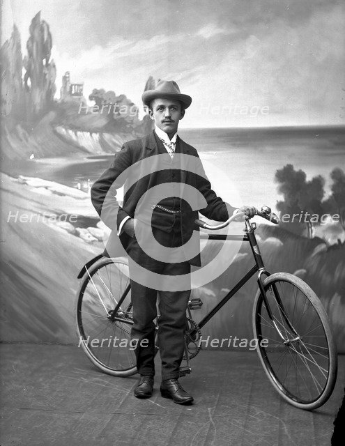 Posed man with his bicycle, Landskrona, Sweden, 1910. Artist: Unknown