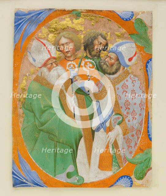 Manuscript Illumination with Four Saints in an Initial O, from a Choir Book, Italian, 1440-50. Creator: Master of the Murano Gradual.