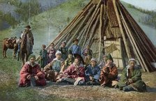 Group of Altai Beside a Dwelling (Chaadyr), Katun River Valley, 1911-1913. Creator: Sergei Ivanovich Borisov.