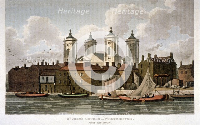 Church of St John the Evangelist from the River Thames, Westminster, London, 1815.                   Artist: Anon