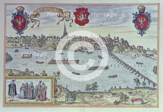 View of the city of Warsaw along the Vistula River, engraving in 'Alte Europäische Städtebilder'.