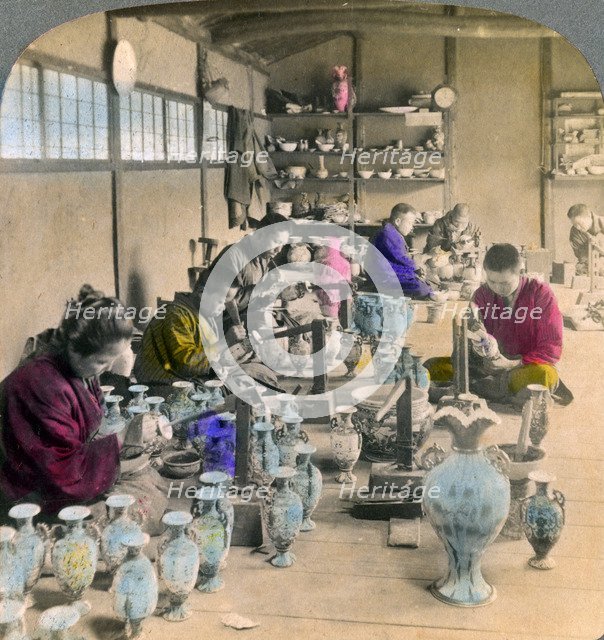 Decorating Awata porcelain ware in the famous Kinkosan works, Kyoto, Japan, 1904. Artist: Underwood & Underwood