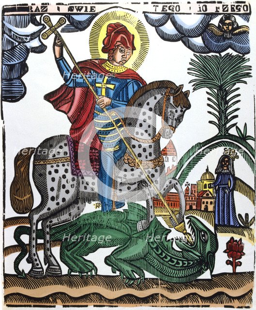 St George, mounted on a spotted horse, killing the dragon, 19th century. Artist: Anon