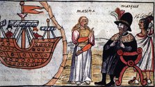  'Hernán Cortés and the Indian Marina (or Malinche)'. Durán Codex, page 202. Engraving.