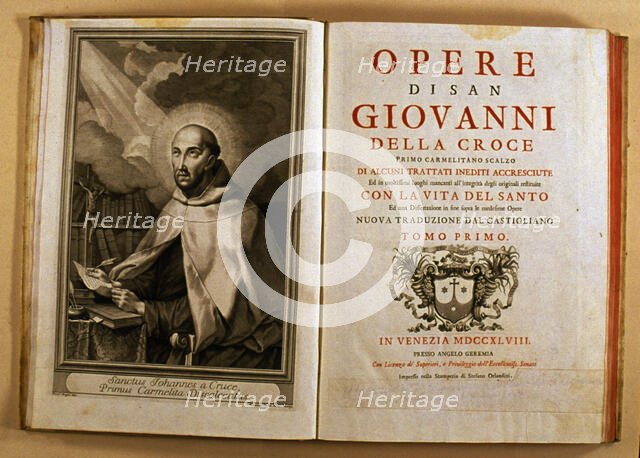 Cover and page with image of the author of the work 'Opere di San Giovanni della Croce', 1748. Creator: Unknown.
