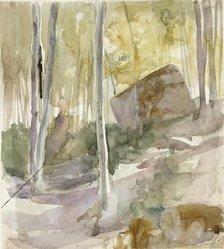 Forest interior, large stone, c1890s. Creator: Albert Edelfelt.