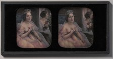 [Stereograph of a Woman Wearing a Tiara and Tulle and Lace Dress, Seated Before a Mirror], 1850s. Creator: Bautain.