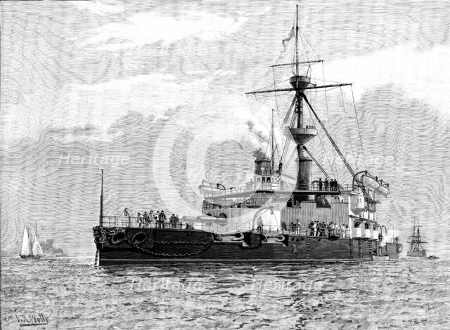 H.M.S. Trafalgar, steel armoured twin-screw turret-ship...armed with four 67-ton guns, 1890. Creator: Unknown.