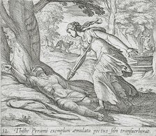 Thisbe Killing Herself, published 1606. Creators: Antonio Tempesta, Wilhelm Janson.