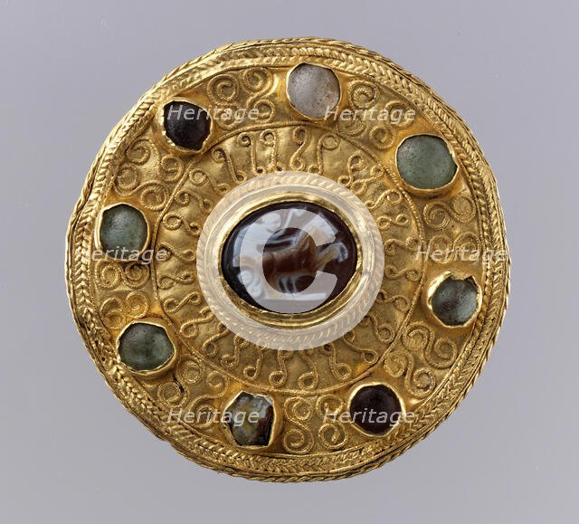 Disk Brooch with Cameo, Langobardic (mount); Roman (cameo), ca. 600 (mount); 100-300 (cameo). Creator: Unknown.