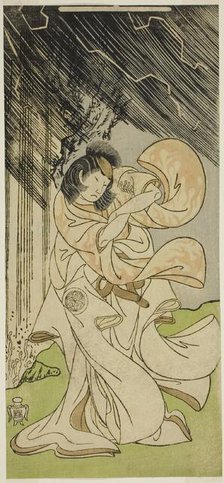 The Actor Yamashita Kinsaku II as a Thunder Goddess in the Play Onna Narukami..., c. 1770. Creator: Shunsho.