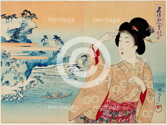 Bushu, Hanagaura, from the series Comparison of Famous Places and Beauties, 1898. Creator: Chikanobu, Toyohara (Yoshu) (1838-1912).