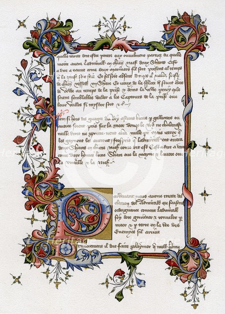 Text page with illuminated initial letter, early 15th century. Artist: Unknown