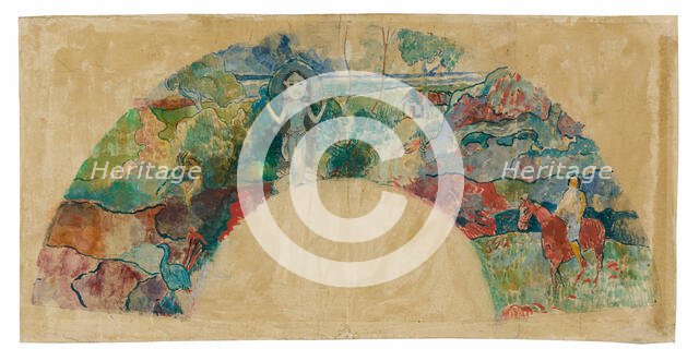 Design for a Fan Featuring a Landscape and a Statue of the Goddess Hina, 1900/03. Creator: Paul Gauguin.