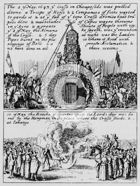 The destruction of Cheapside Cross and the burning of the Book of Sports, May 1643 (1903). Artist: Unknown.