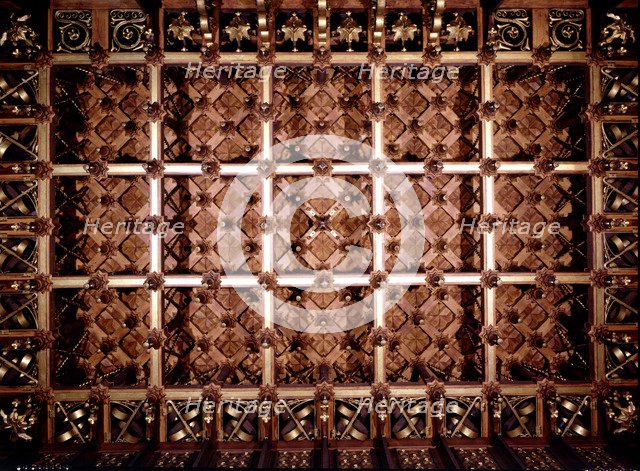 Coffered ceiling of the visits room on the first floor of the Güell Palace 1886-1890, designed by…