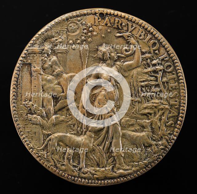 Ippolita as Diana with Hunting Dogs in a Landscape; behind her Pluto and Cerberus [reverse], 1551. Creator: Leone Leoni.