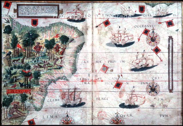 Map of Brazil by Portuguese navigators Pedro Reinel and Lopo Homen, c1525.  Artist: Pedro Reinel