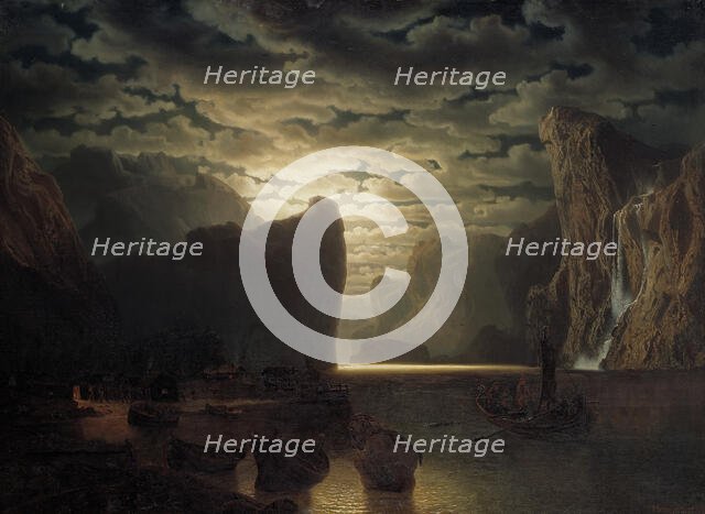 Norwegian Fjord in Moonlight. Motif from the Sogne-Fjord, 1861. Creator: Markus Larsson.