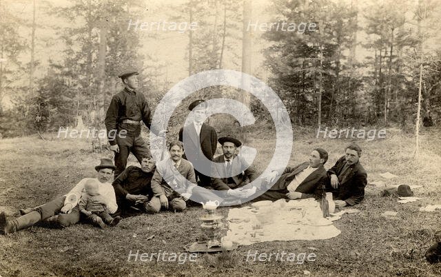 Employees of the Znamensky glass factory on a forest walk in the vicinity of the village, 1910-1913. Creator: S. Ia. Mamontov.