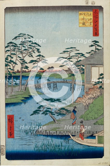 Mokuboji Temple and Vegetable Fields on Uchigawa Inlet (One Hundred Famous Views of Edo), 1856-1858. Artist: Hiroshige, Utagawa (1797-1858)