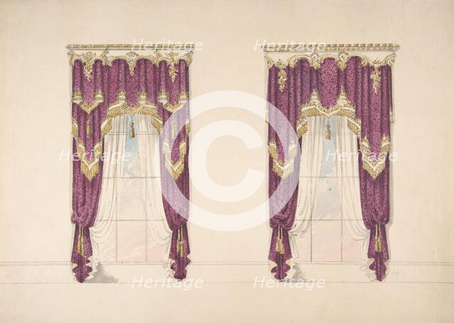 Design for Purple Curtains with Gold Fringes and a Gold and White Pediment, early 19th century. Creator: Anon.