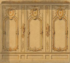 Elevation of an interior showing a wall decorated in ornate panels and mounted statuettes, 1830-97. Creators: Jules-Edmond-Charles Lachaise, Eugène-Pierre Gourdet.