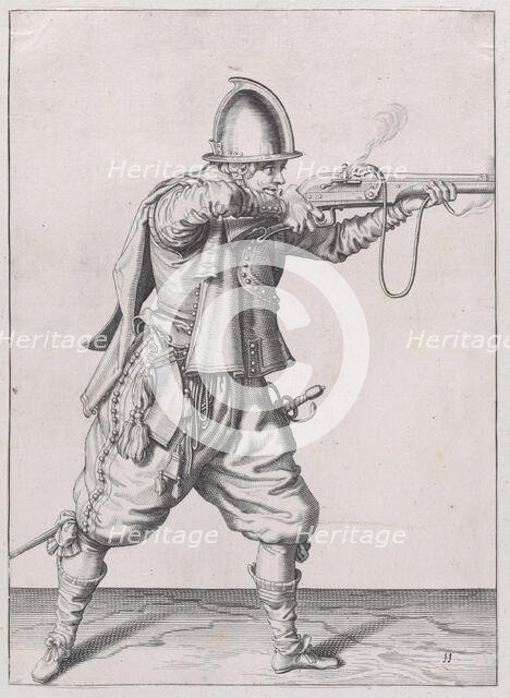 A soldier taking aim, from the Marksmen series, plate 11, in Waffenhandlung von ..., published 1608. Creator: Robert Willemsz de Baudous.