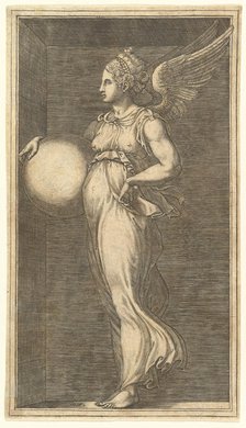 Female Winged Allegorical Figure Holding a Sphere, 1558/1559. Creator: Giorgio Ghisi.