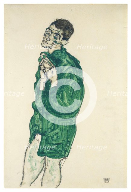 Self-portrait in green shirt with eyes closed, 1914. Artist: Schiele, Egon (1890-1918)