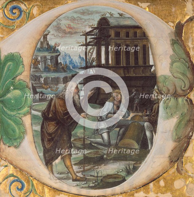 Initial D: Noah Directing the Construction of the Ark; Antiphonal, about 1495-1510. Creator: Master B.F..
