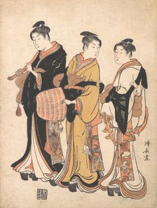 Three Young Women Masquerading as Komuso (Strolling Minstrel), ca. 1778. Creator: Torii Kiyonaga.